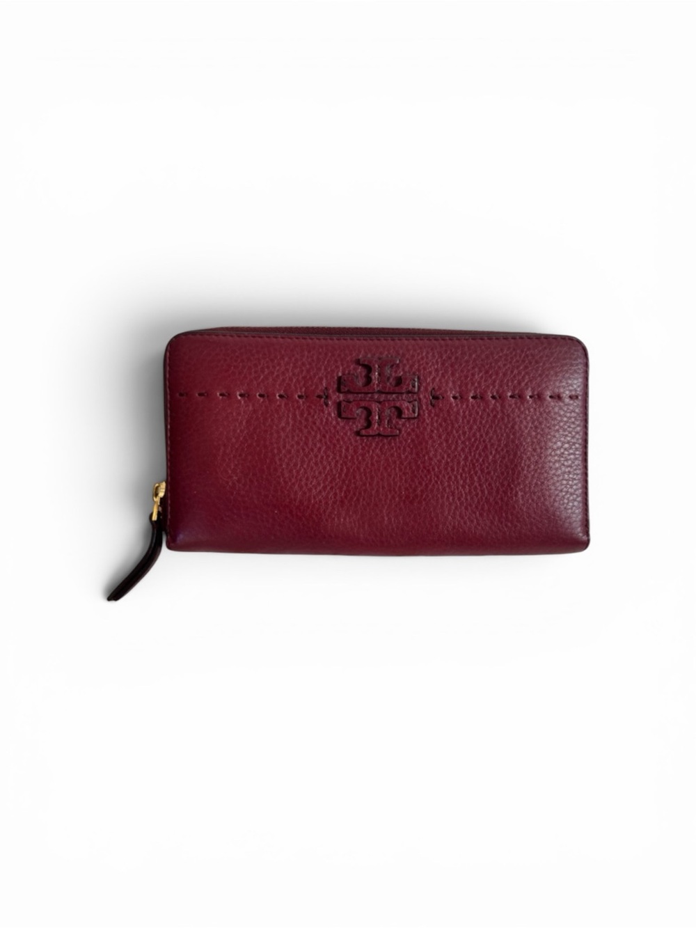 Tory Burch Deep Wine Pebbled Leather Half Zip Wallet